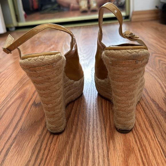 Jimmy Choo Patent Leather Vita Peep-Toe Slingback Sandals (Sand Yellow)- Size 37 - Picture 3 of 9